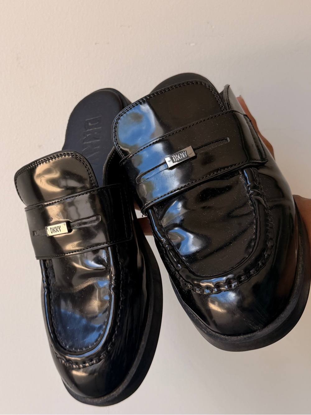 DKNY Black Patent Leather Slip-On Loafers with Metal Logo